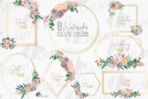Blush and Grey Flowers with Gold Frames Clip Art Collection