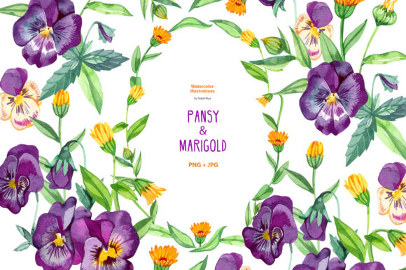 Celebrate Summer with Hand-Drawn Watercolor Pansy and Marigold Clipart