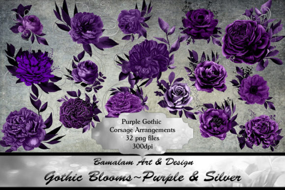Purple Silver Gothic Corsage Clipart for Dark Floral Design
