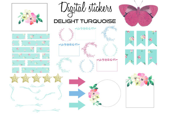 Turquoise Digital Stickers: Elegant Floral Elements for Planners and Design